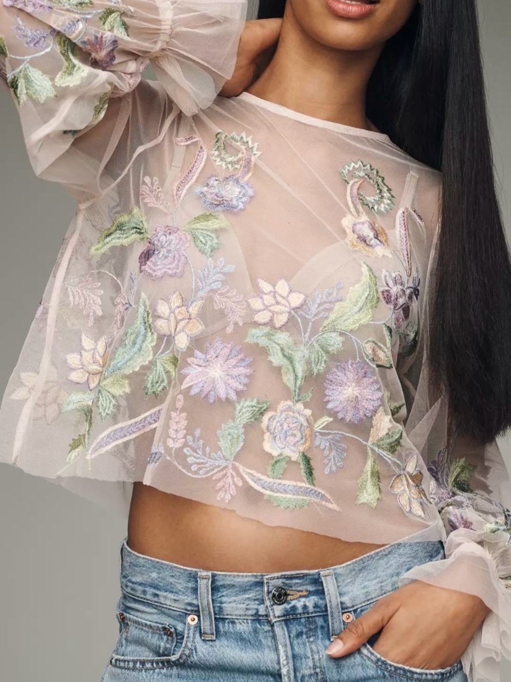 Anthropologie Sheer Pastel Floral Embroidered Crop Top - Pink